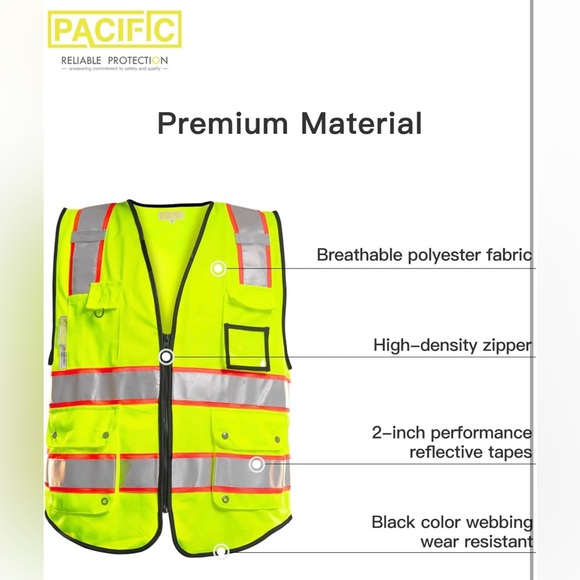 PACIFIC PPE Safety Vest for Men, Reflective Strips with 10 Pockets & Zipper -NWT - Picture 4 of 7